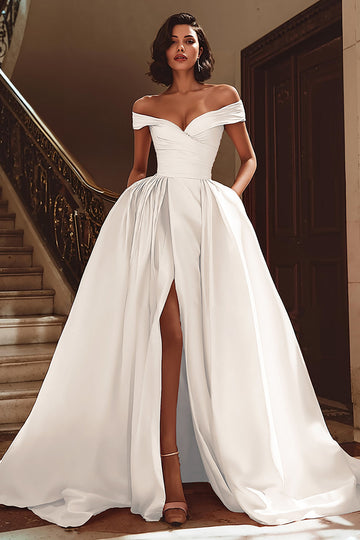 White Off the Shoulder Satin Sweep Train Wedding Dress with Slit